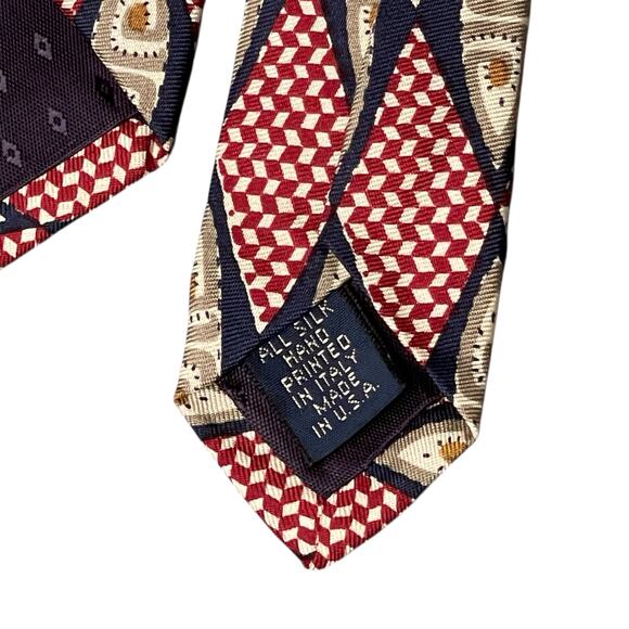 Harken Ltd 100% Silk Tie Red/Navy Geometric Diamond Medallion - Picture 2 of 7